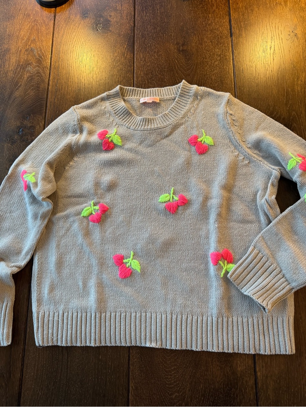 Lisa Todd Light Gray Crewneck Sweater with Pink & Neon Green Cherry Embroidery